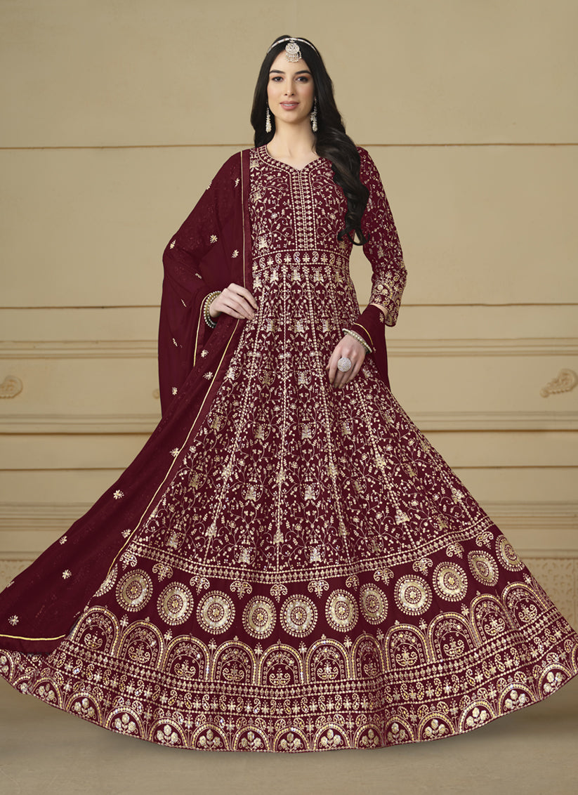 Maroon Faux Georgette Embroidered Anarkali Suit