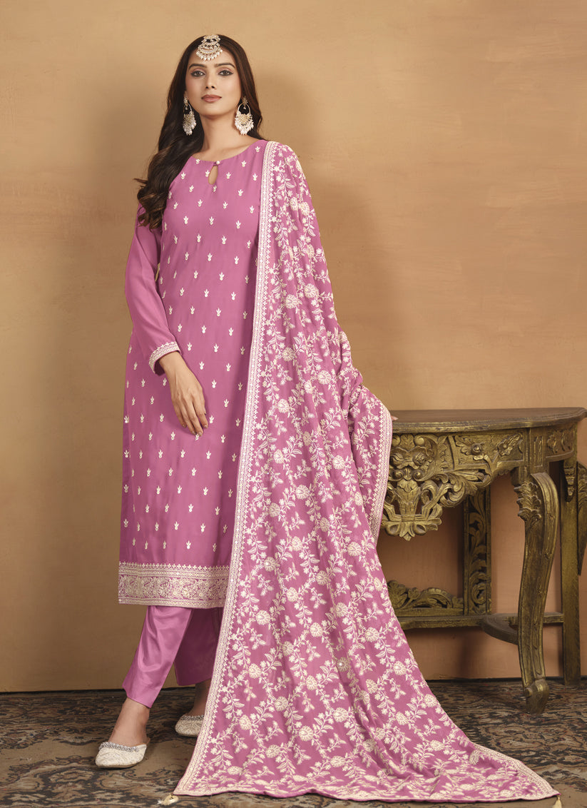 Cherry Pink Faux Georgette Embroidered Pant Kameez