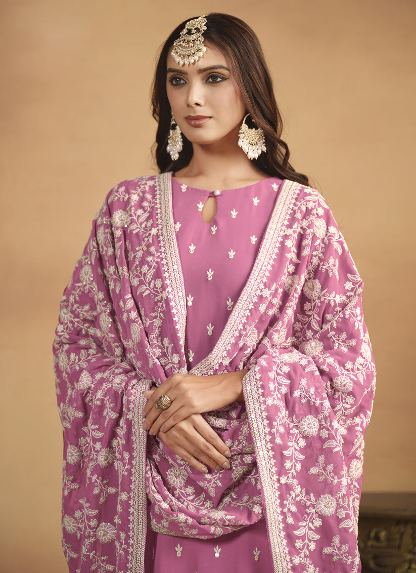 Cherry Pink Faux Georgette Embroidered Pant Kameez