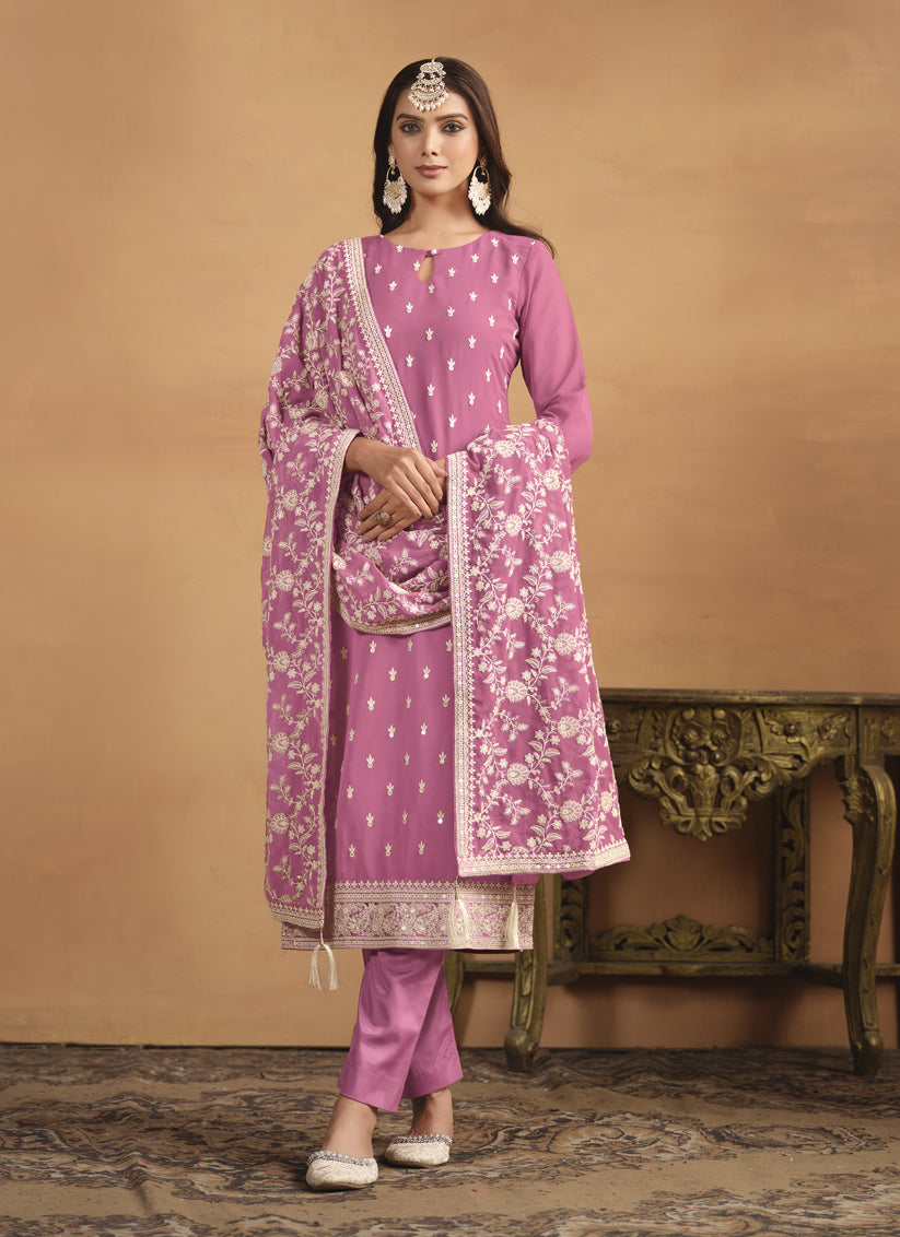 Cherry Pink Faux Georgette Embroidered Pant Kameez