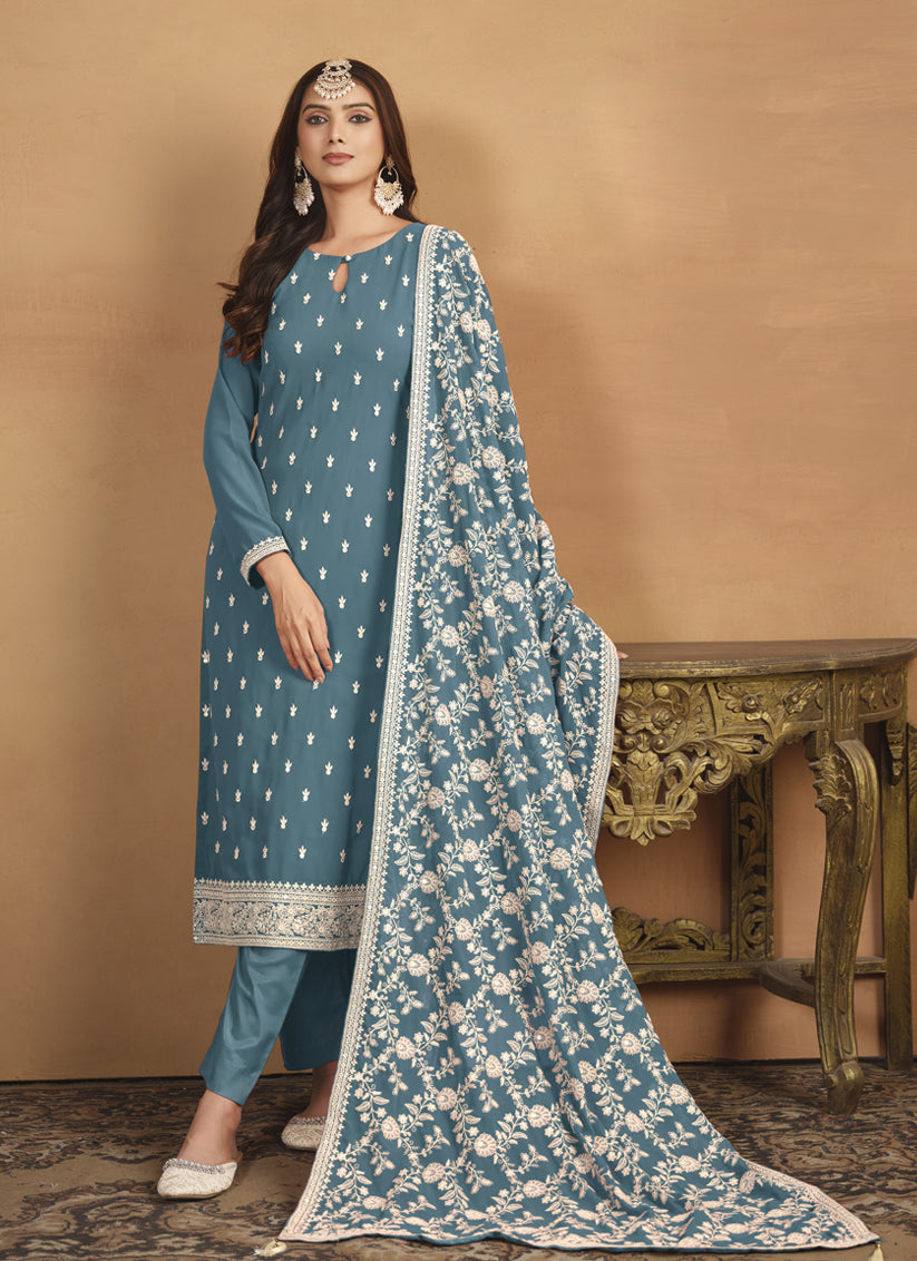 Teal Blue Faux Georgette Embroidered Pant Kameez