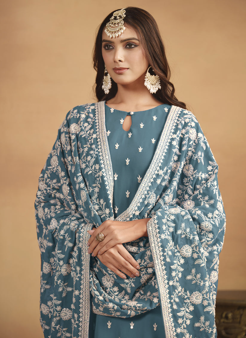 Teal Blue Faux Georgette Embroidered Pant Kameez