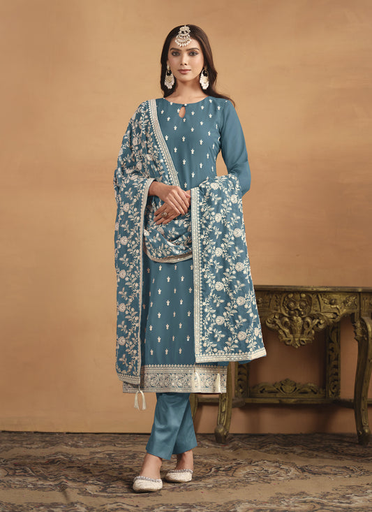 Teal Blue Faux Georgette Embroidered Pant Kameez