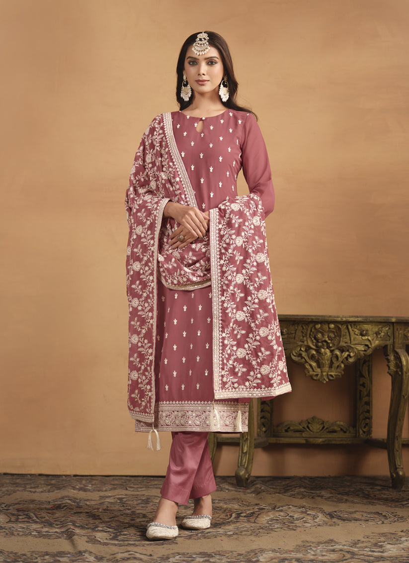 Old Rose Pink Faux Georgette Embroidered Pant Kameez