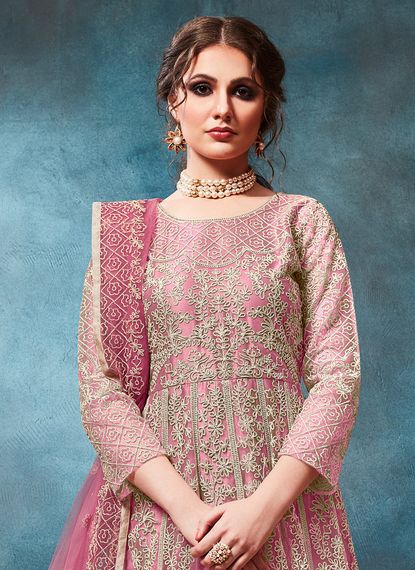 Lilac Pink Net Embroidered Anarkali Suit