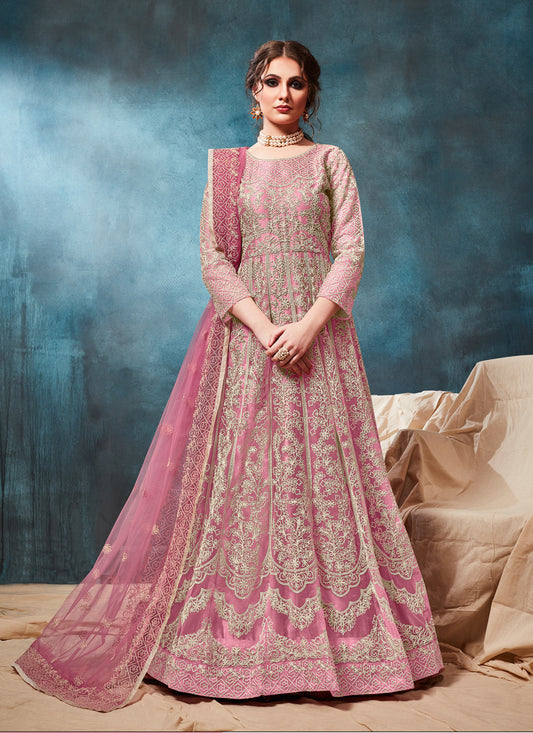 Lilac Pink Net Embroidered Anarkali Suit
