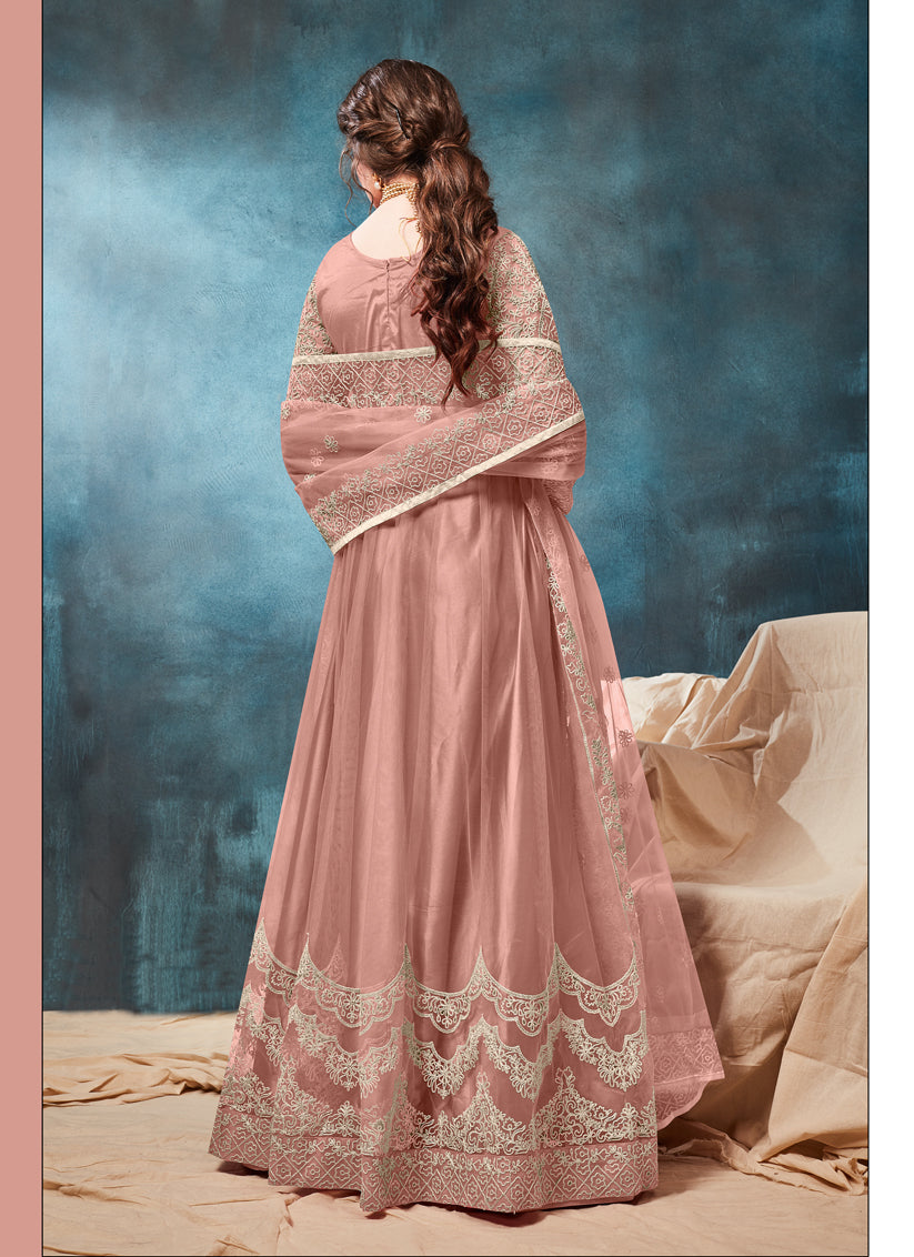 Old Rose Net Embroidered Anarkali Suit
