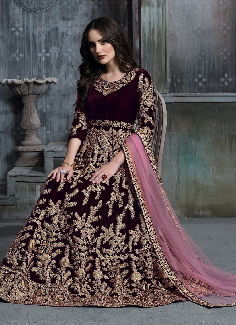 Burgundy Velvet Embroidered Anarkali Suit