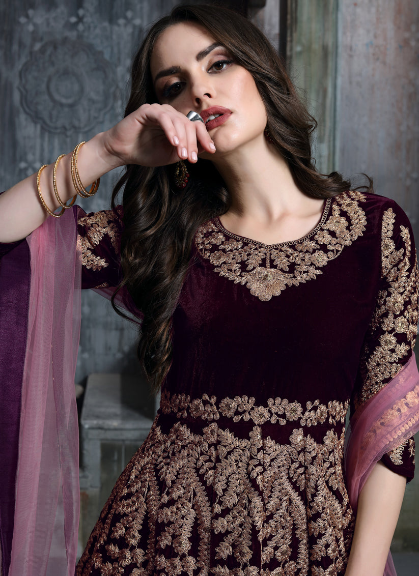 Burgundy Velvet Embroidered Anarkali Suit