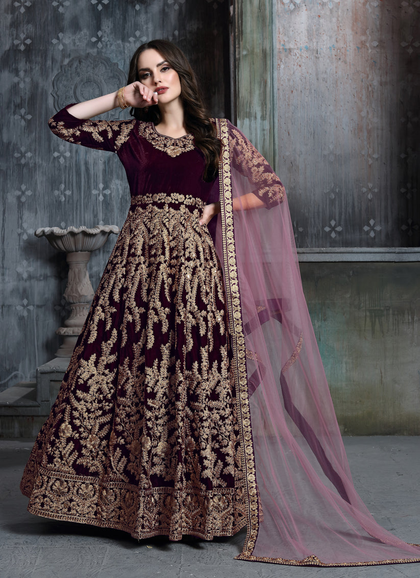 Burgundy Velvet Embroidered Anarkali Suit