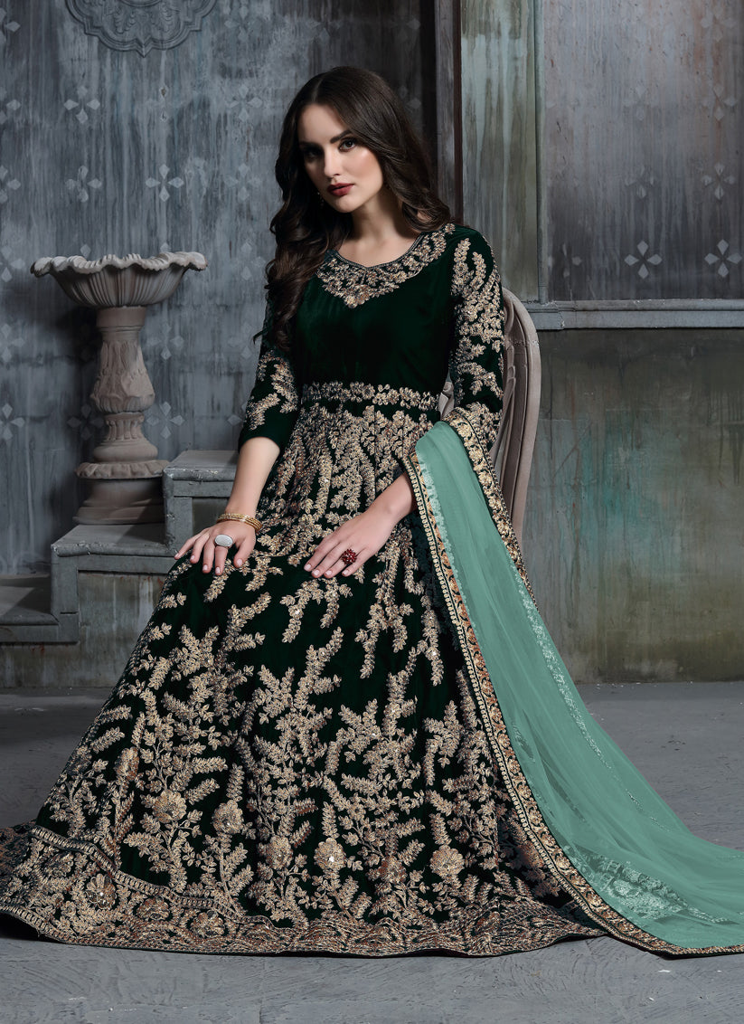 Pine Green Velvet Embroidered Anarkali Suit