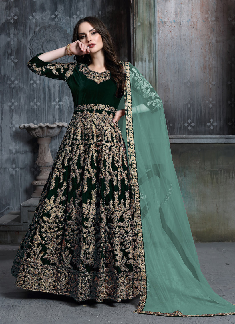 Pine Green Velvet Embroidered Anarkali Suit