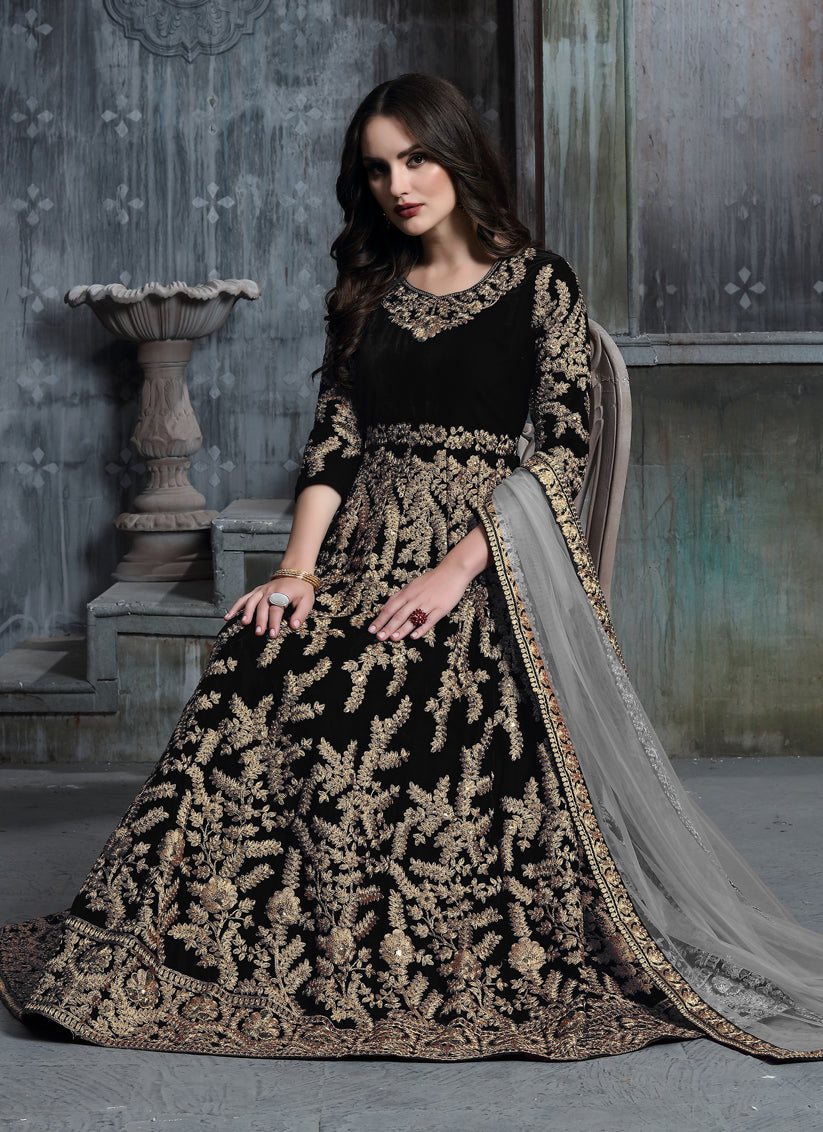 Black Velvet Embroidered Anarkali Suit