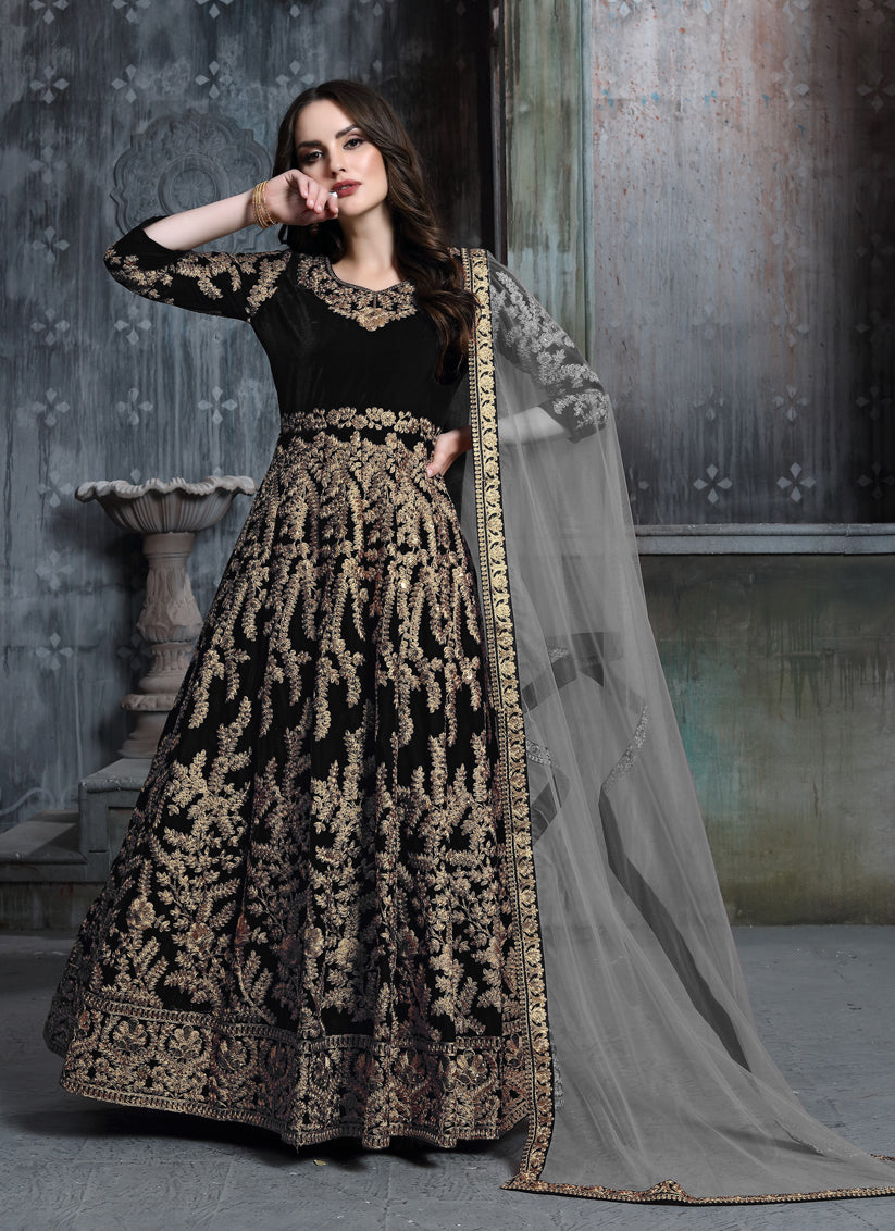 Black Velvet Embroidered Anarkali Suit