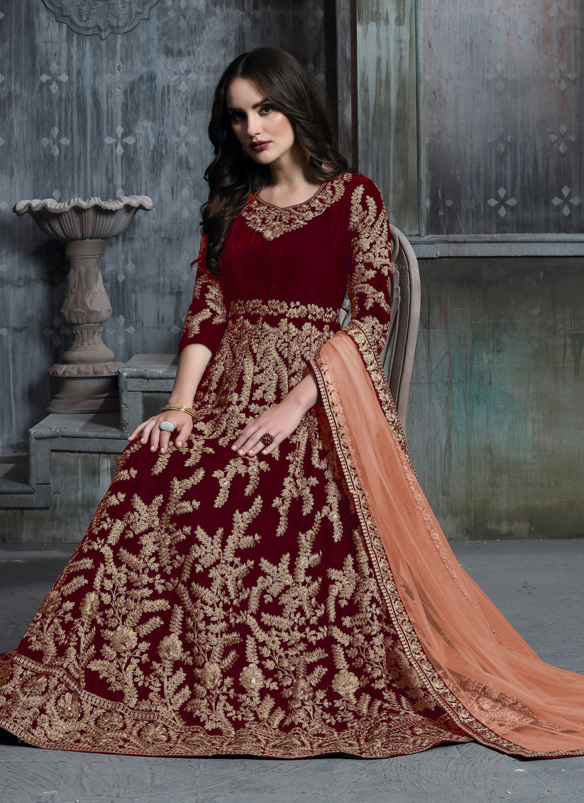 Rust Red Velvet Embroidered Anarkali Suit