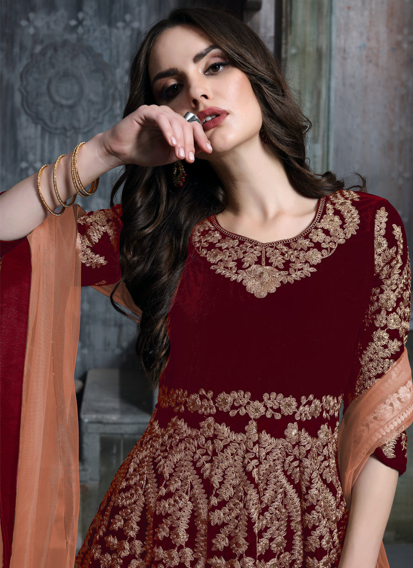 Rust Red Velvet Embroidered Anarkali Suit