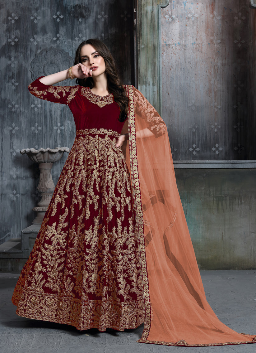 Rust Red Velvet Embroidered Anarkali Suit