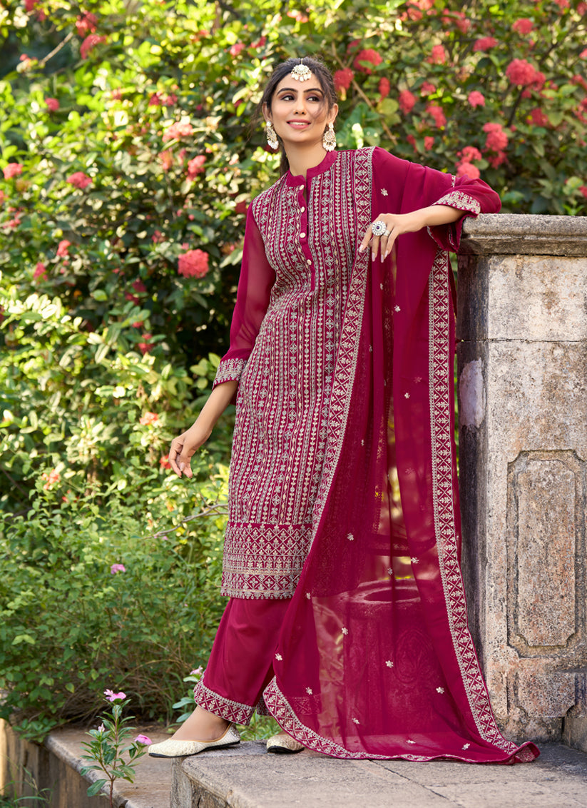 Magenta Silk Embroidered Trouser Kameez