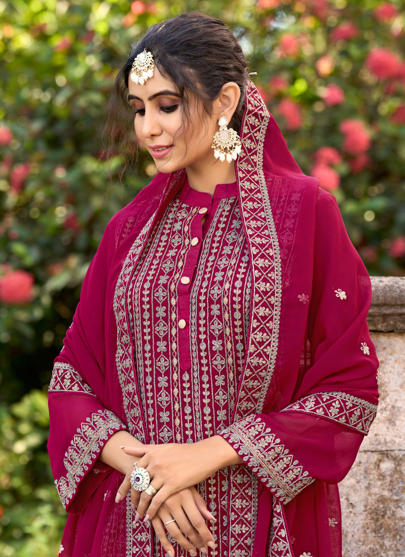 Magenta Silk Embroidered Trouser Kameez