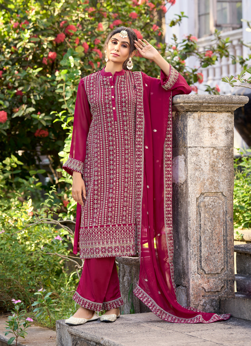 Magenta Silk Embroidered Trouser Kameez