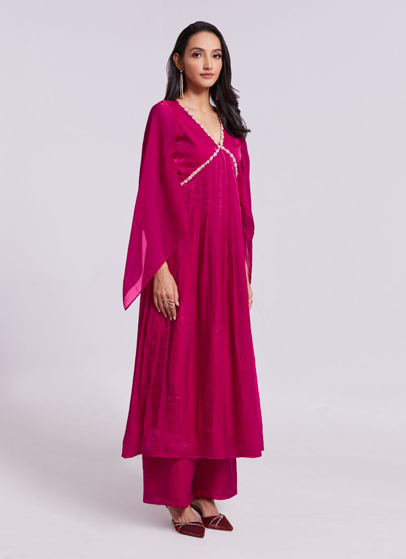 Raspberry Pink Pure Organza Kurta with Palazzo