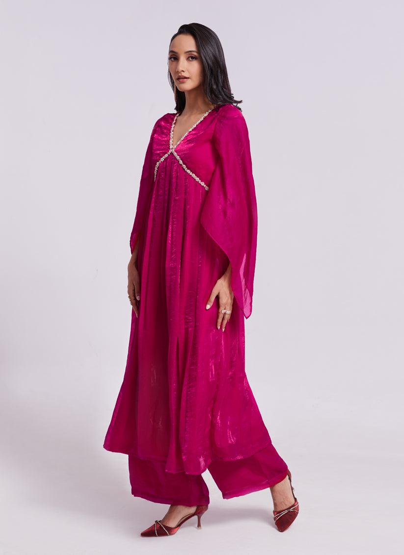 Raspberry Pink Pure Organza Kurta with Palazzo