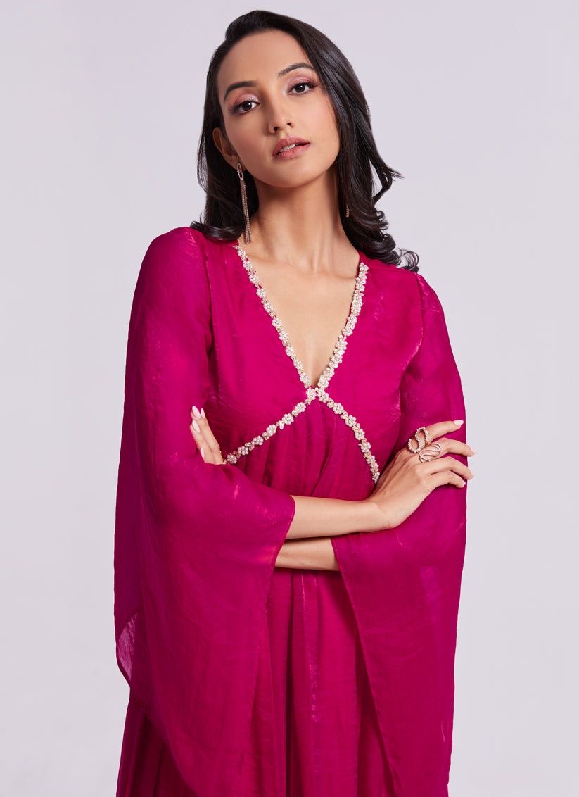 Raspberry Pink Pure Organza Kurta with Palazzo