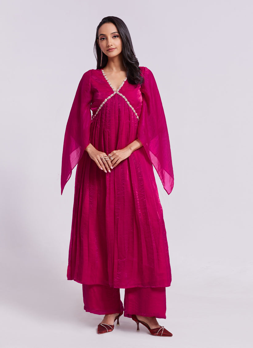 Raspberry Pink Pure Organza Kurta with Palazzo