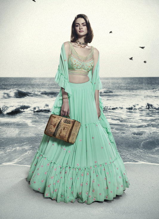 Sea Green Georgette Designer Lehenga Choli Set