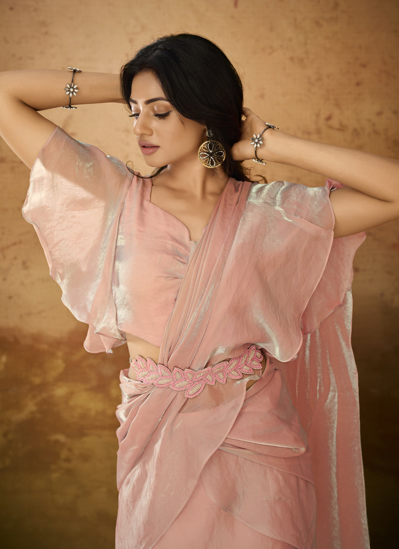 Coral Pink Organza Handwork Designer Ready to Wear Saree