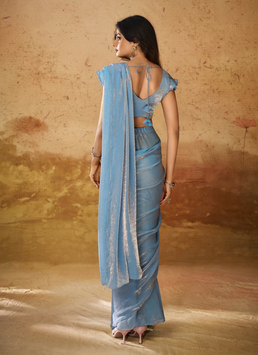 Powder Blue Organza Handwork Designer Ready to Wear Saree