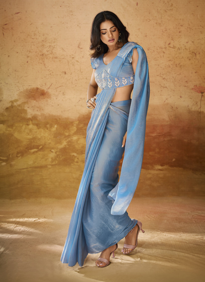 Powder Blue Organza Handwork Designer Ready to Wear Saree