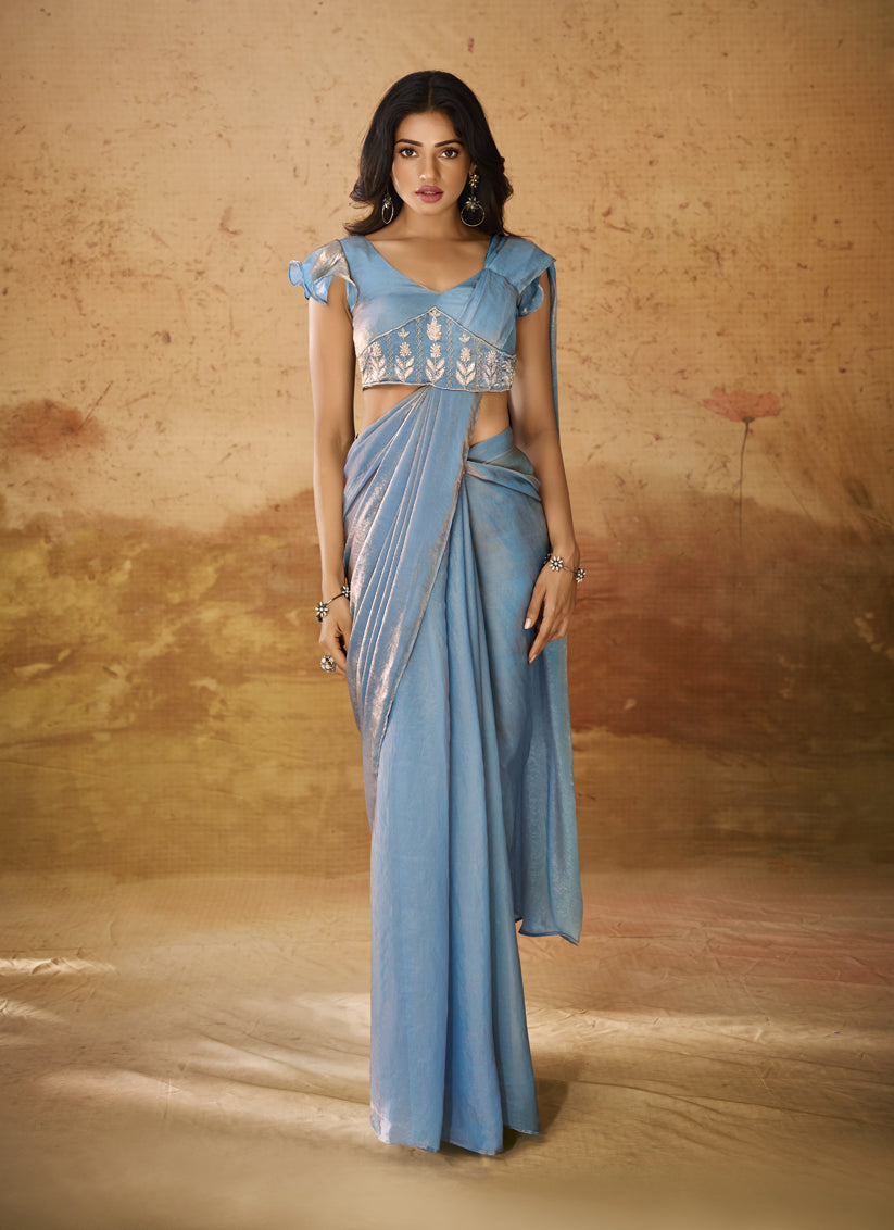 Powder Blue Organza Handwork Designer Ready to Wear Saree