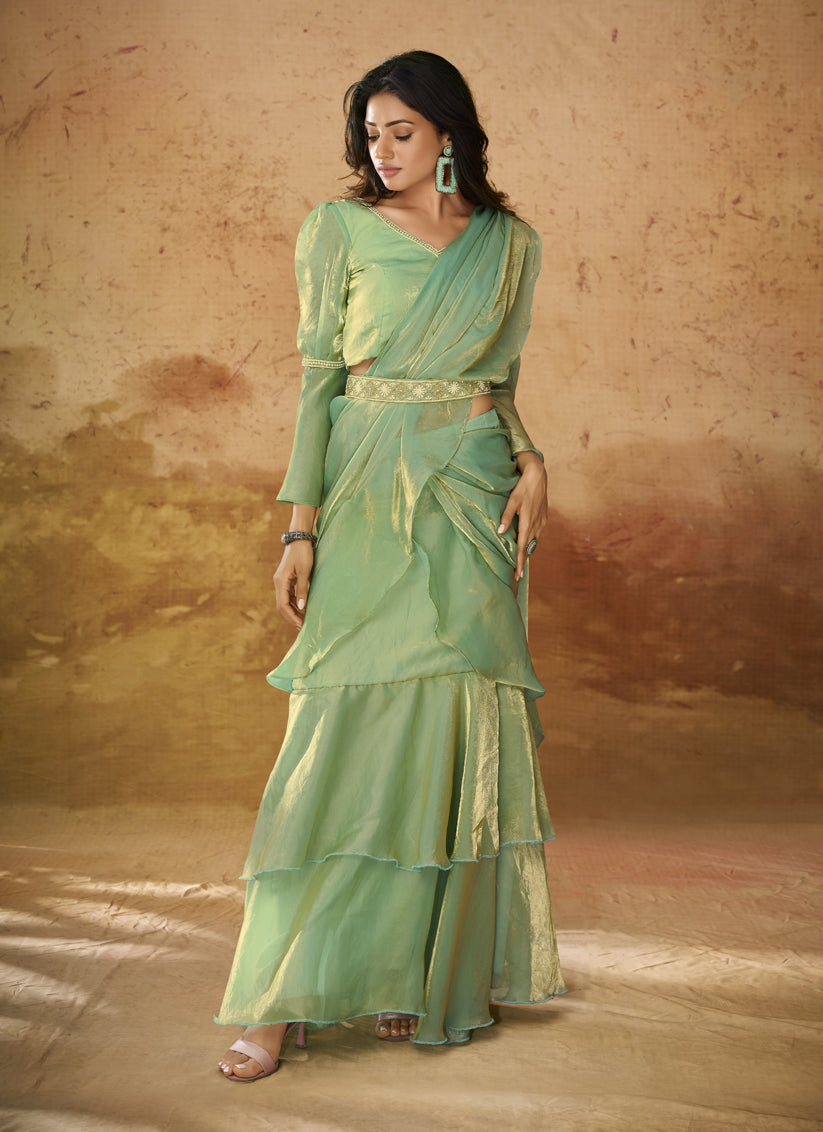 Pistachio Green Organza Handwork Designer Ready to Wear Saree