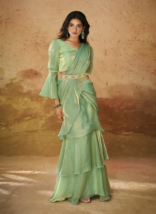 Pistachio Green Organza Handwork Designer Ready to Wear Saree