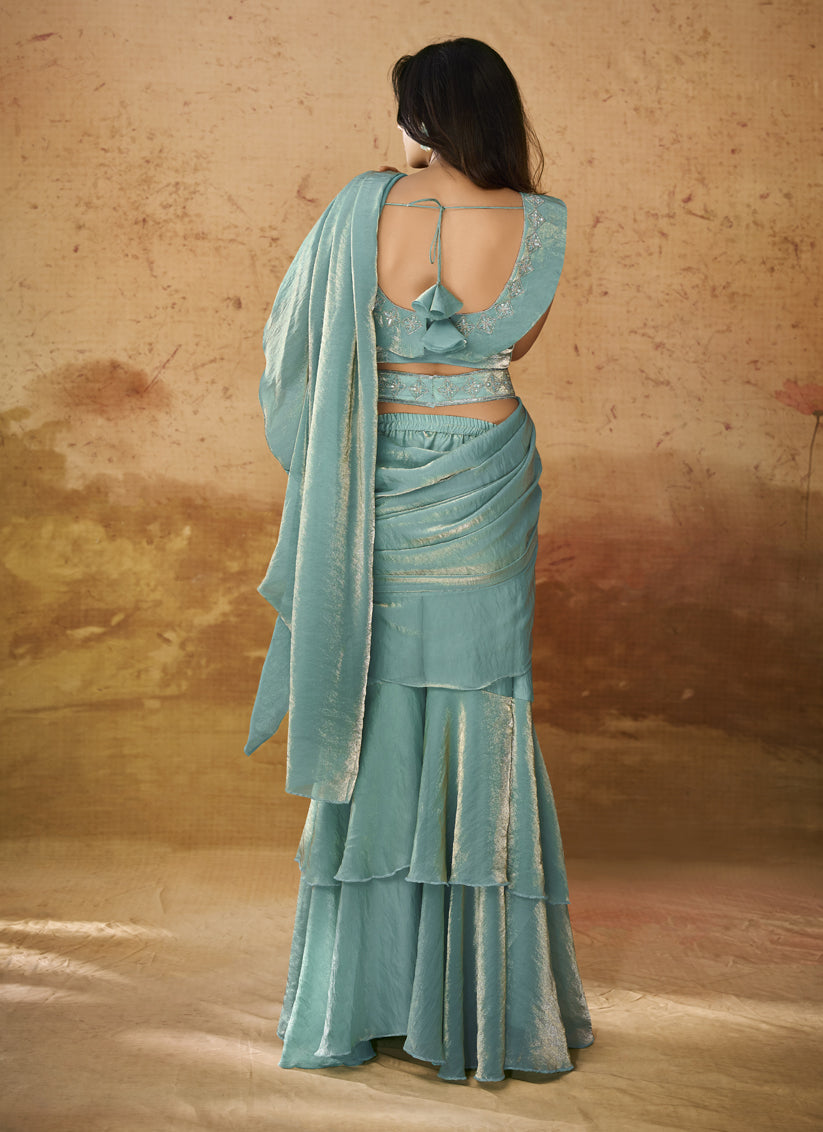 Teal Mint Organza Handwork Designer Ready to Wear Saree