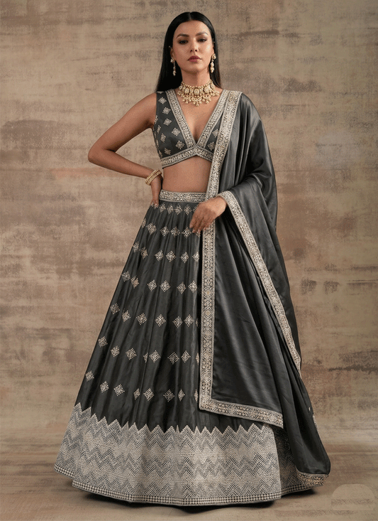 Dark Grey Premium Satin Silk Party Wear Lehenga with Rich Zari Work