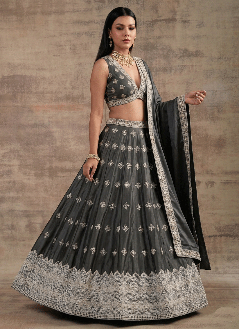 Dark Grey Premium Satin Silk Party Wear Lehenga with Rich Zari Work