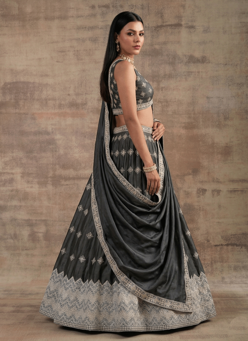 Dark Grey Premium Satin Silk Party Wear Lehenga with Rich Zari Work