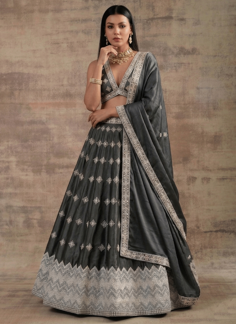 Dark Grey Premium Satin Silk Party Wear Lehenga with Rich Zari Work