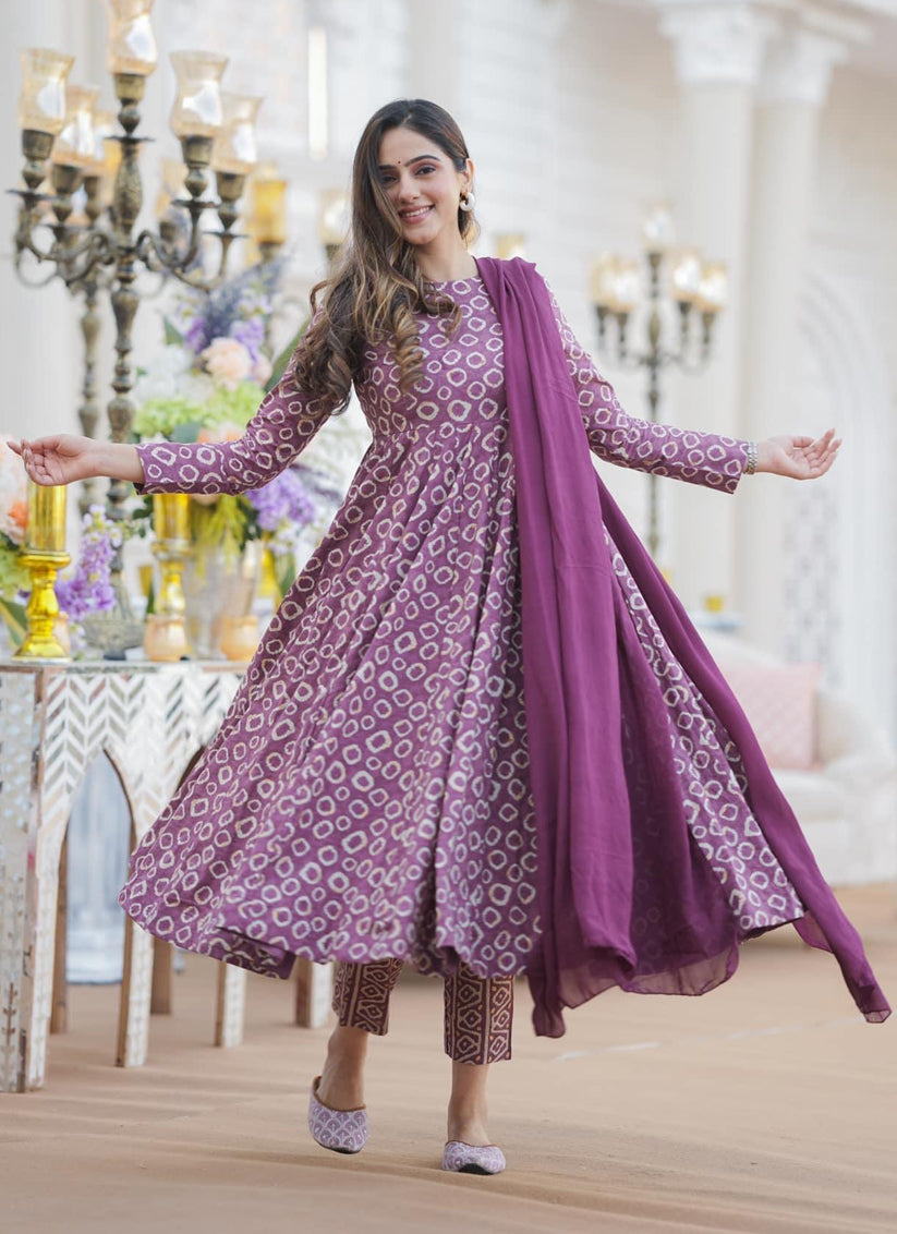 Dusty Magenta Cotton Printed Readymade Pant Kameez For Festival