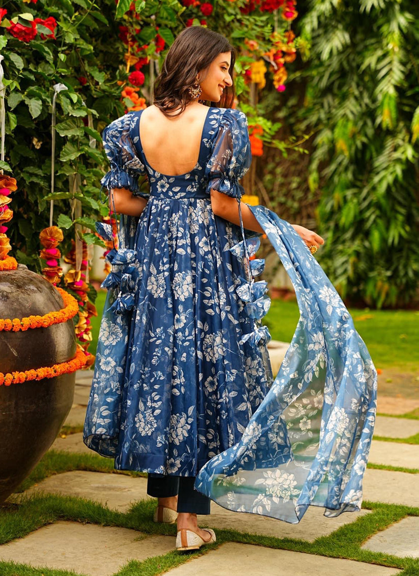 Prussian Blue Silk Printed Readymade Pant Kameez For Festival