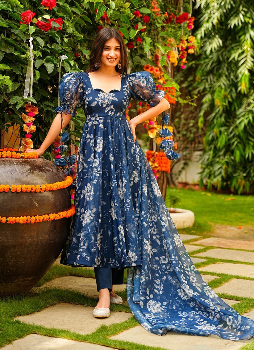 Prussian Blue Silk Printed Readymade Pant Kameez For Festival