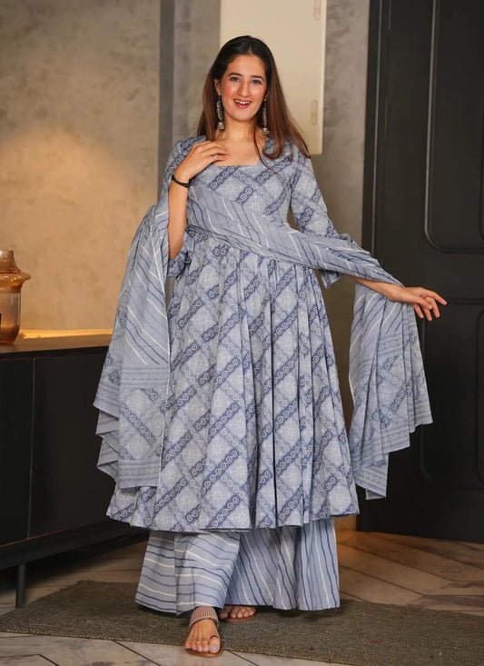 Sky Grey Cotton Silk Printed Readymade Palazzo Kameez