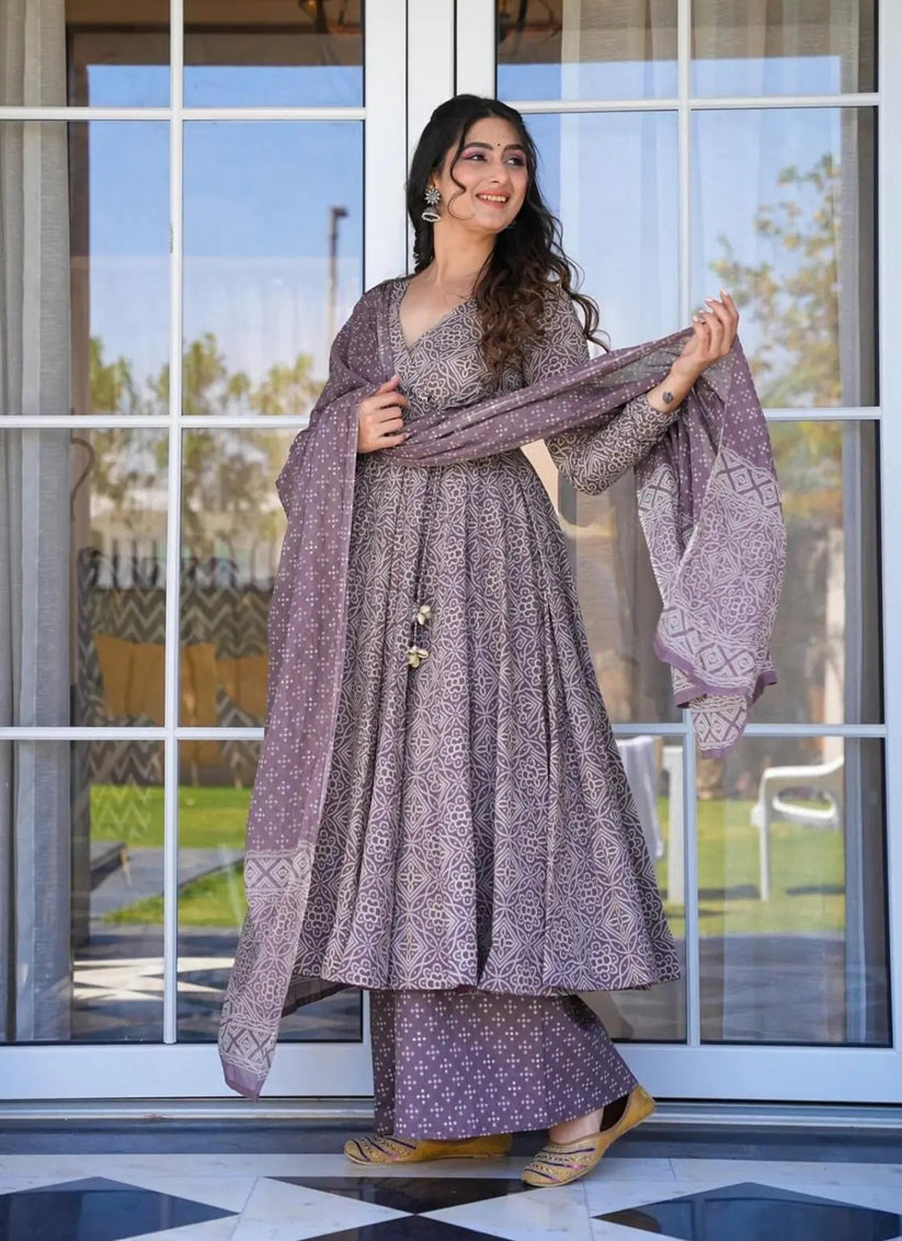 Dusty Grey Cotton Silk Printed Readymade Palazzo Kameez