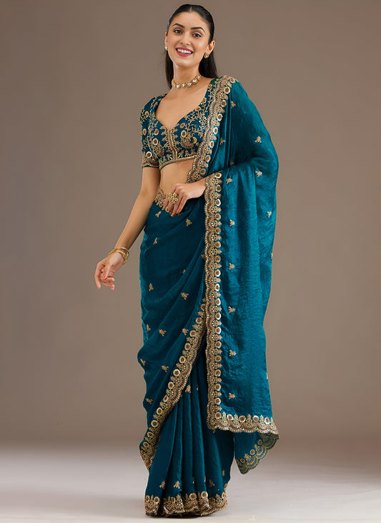 Peacock Blue Designer Tissue Saree with Embroidery and Sequin Work