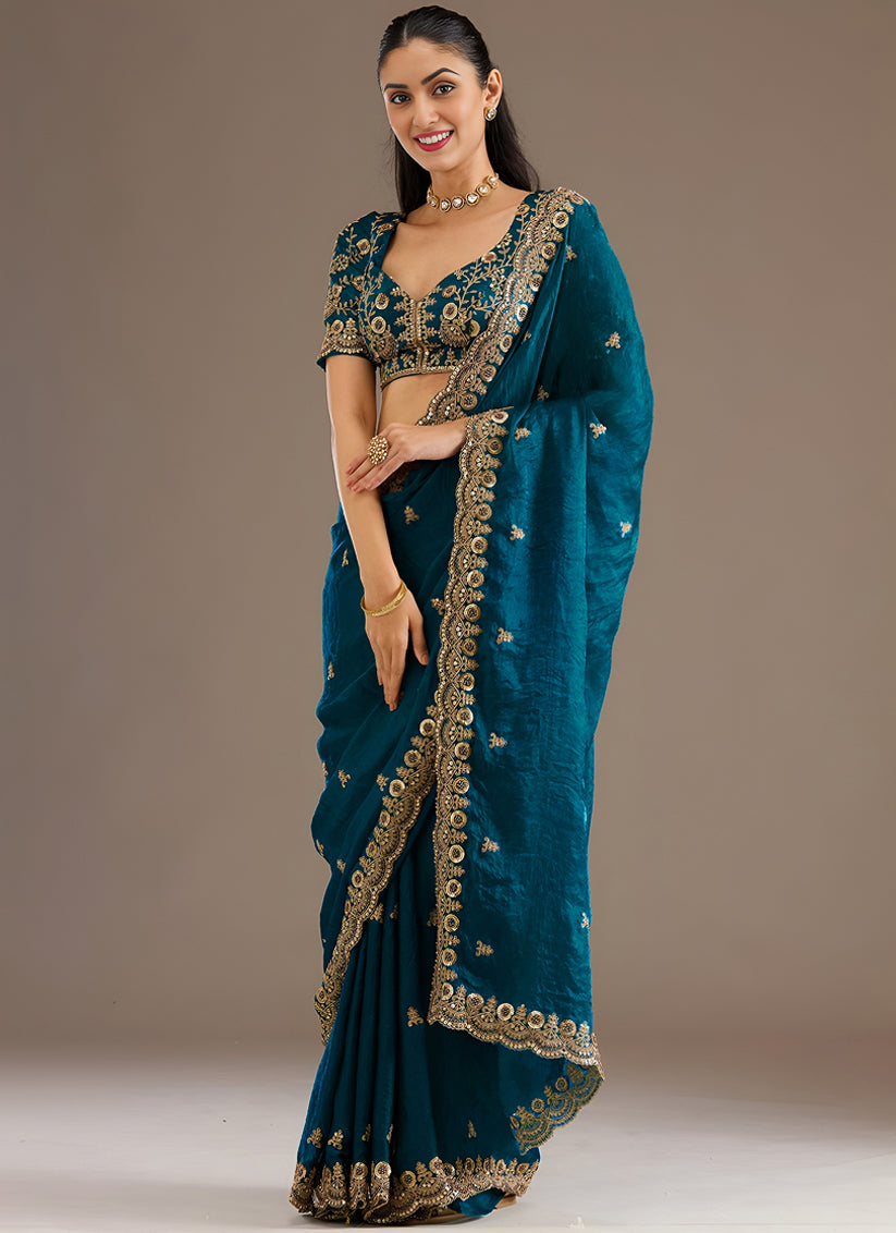 Peacock Blue Designer Tissue Saree with Embroidery and Sequin Work