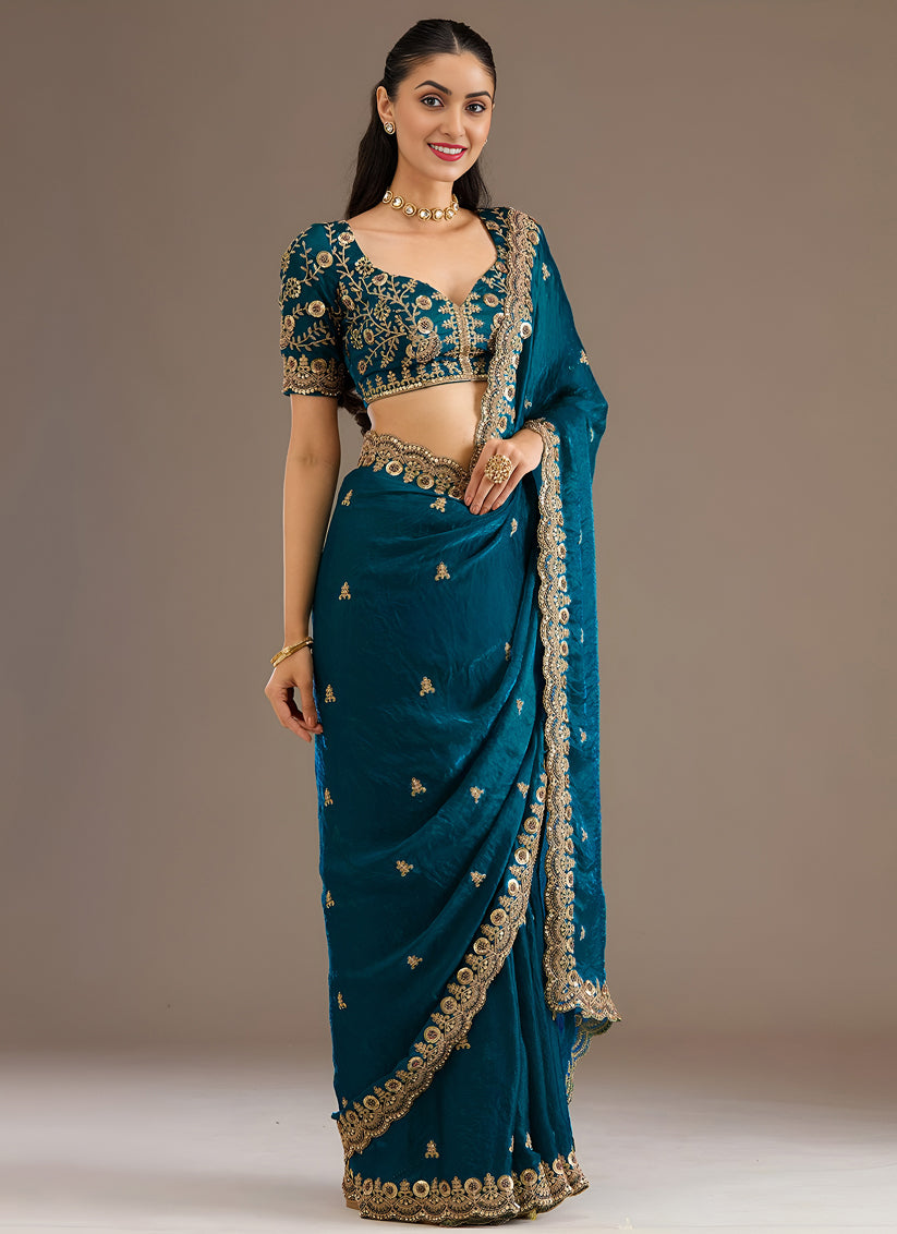 Peacock Blue Designer Tissue Saree with Embroidery and Sequin Work