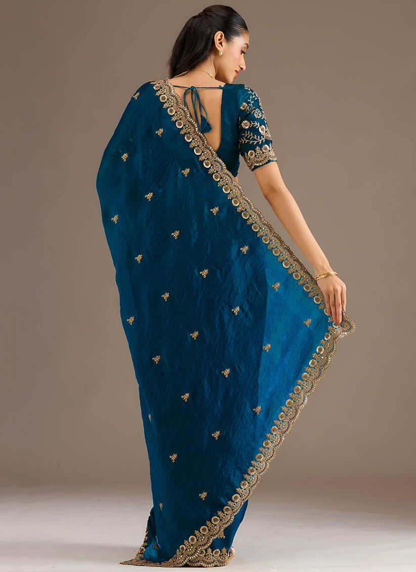 Peacock Blue Designer Tissue Saree with Embroidery and Sequin Work