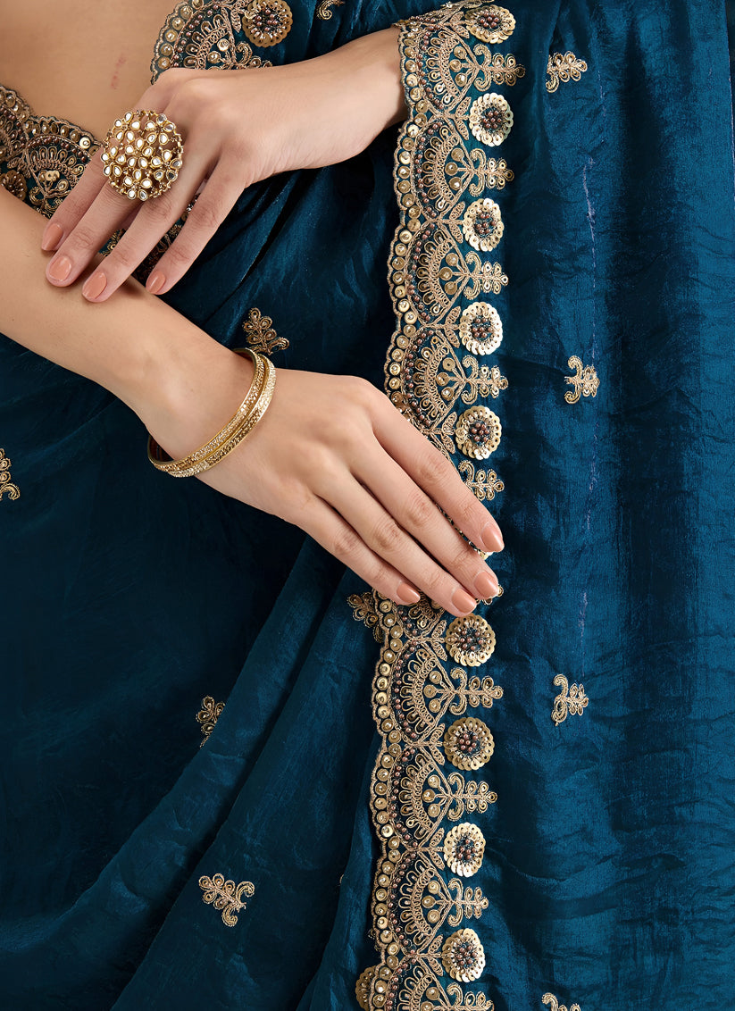 Peacock Blue Designer Tissue Saree with Embroidery and Sequin Work
